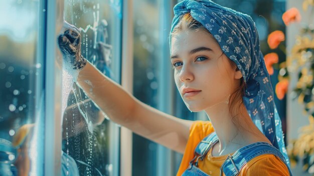 Photo une jeune femme nettoie les fenêtres avec un nettoyeur