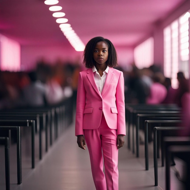 Une jeune femme noire africaine en costume rose sur fond rose