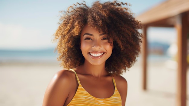 Jeune femme noire américaine à la plage souriante lors d'une journée ensoleillée en regardant la caméra