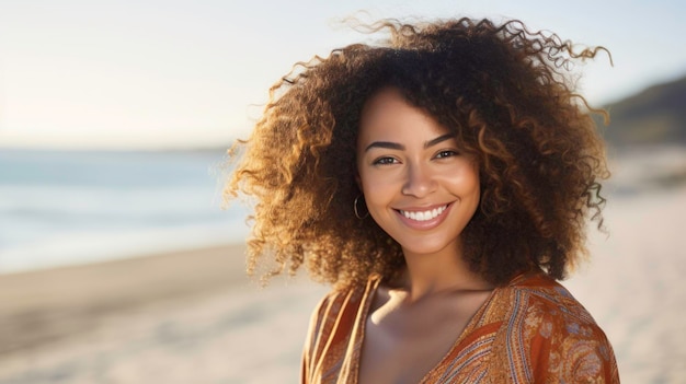 Jeune femme noire américaine à la plage souriante lors d'une journée ensoleillée en regardant la caméra