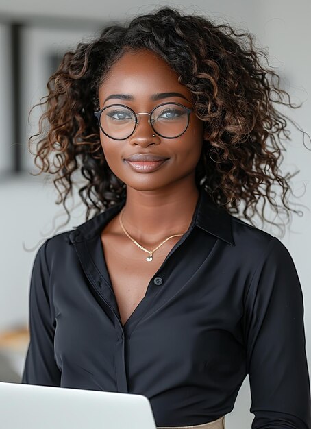 Photo une jeune femme noire aux cheveux afro souriante et confiante utilisant un ordinateur portable au bureau