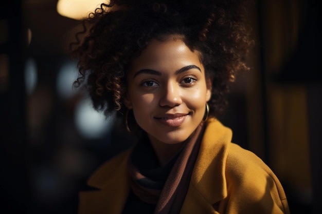 Jeune femme noire aux cheveux bouclés dans des vêtements élégants souriant tout en regardant la caméra