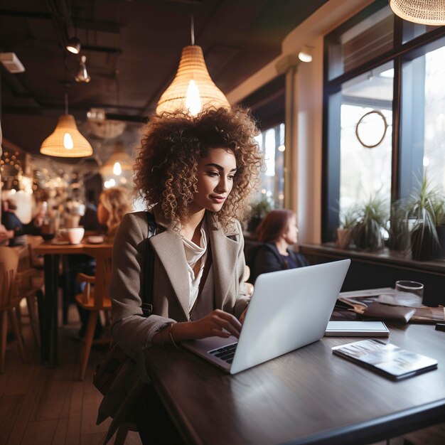 Jeune femme noire aux cheveux bouclés travaillant avec un ordinateur portable tout en étant assise au café à l'intérieur