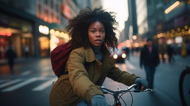 Photo jeune femme noire créatrice de contenu à vélo en ville