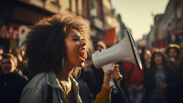 Une jeune femme noire crie dans un mégaphone lors d'une manifestation contre le racisme