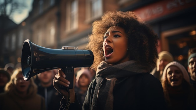 Une jeune femme noire crie dans un mégaphone lors d'une manifestation contre le racisme