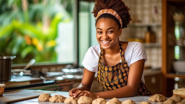 Une jeune femme noire cuisine.