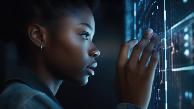 Photo jeune femme noire avec une curiosité étonnante regardant l'innovation technologique futuriste à affichage numérique holographique generative ai aig20