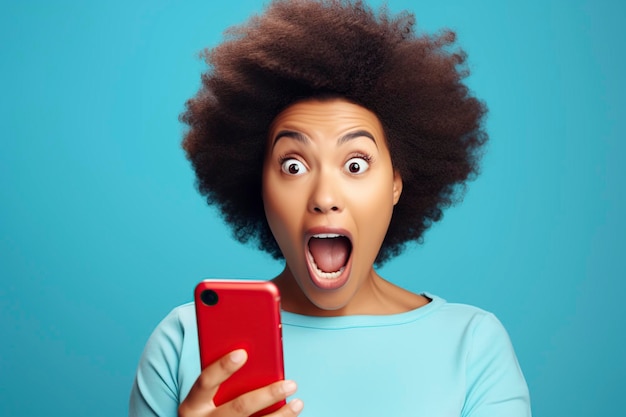 une jeune femme noire est surprise de lire un message sur son téléphone portable