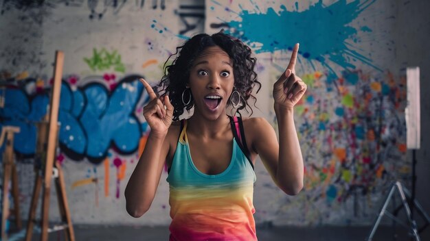 Une jeune femme noire étonnée pointe vers le haut dans le studio.