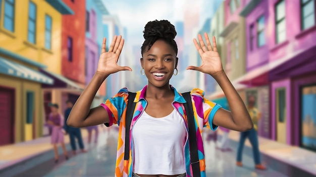 Une jeune femme noire heureuse avec une expression faciale satisfaite montre la hauteur de quelque chose