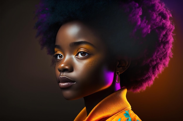 Jeune femme noire avec un maquillage coloré et de gros cheveux regardant loin AI