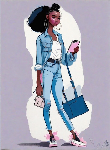 jeune femme noire moderne utilisant un smartphone portant un jean bleu illustration de lignes noires audacieuses