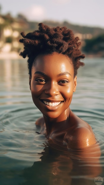 Jeune femme noire nageant dans la mer souriante en gros plan