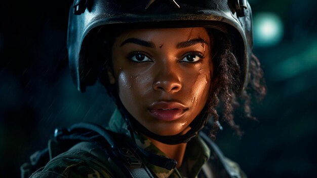 Une jeune femme noire portant un uniforme militaire, y compris des vêtements de camouflage et un casque, elle est prête à la guerre pour protéger et servir son pays.