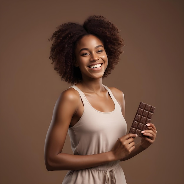 Une jeune femme noire souriante avec du chocolat.