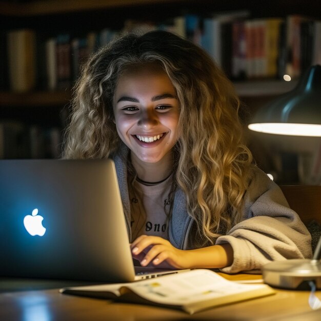 Une jeune femme noire souriante avec des écouteurs sans fil assise à une table de bureau travaillant sur un ordinateur portable et écrivant des lettres dans un cahier en papier prenant des notes en regardant Weninar tenant un stylo à la main espace de copie gratuit