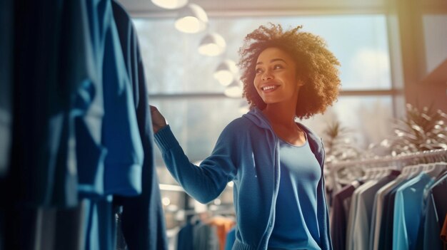 Une jeune femme noire souriante fait ses courses dans un grand magasin de vêtements.