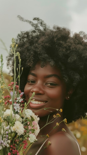 Une jeune femme noire souriante tenant un bouquet de fleurs à la main.