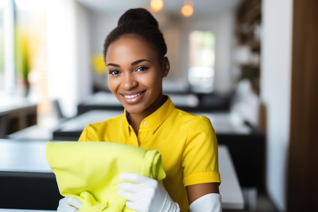 Une jeune femme noire souriante en uniforme de nettoyage faisant du ménage