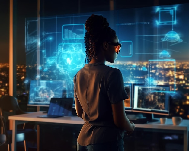 Une jeune femme noire utilise l'intelligence artificielle dans le centre de surveillance du contrôle du système en arrière-plan avec de nombreux écrans affichant des données techniques