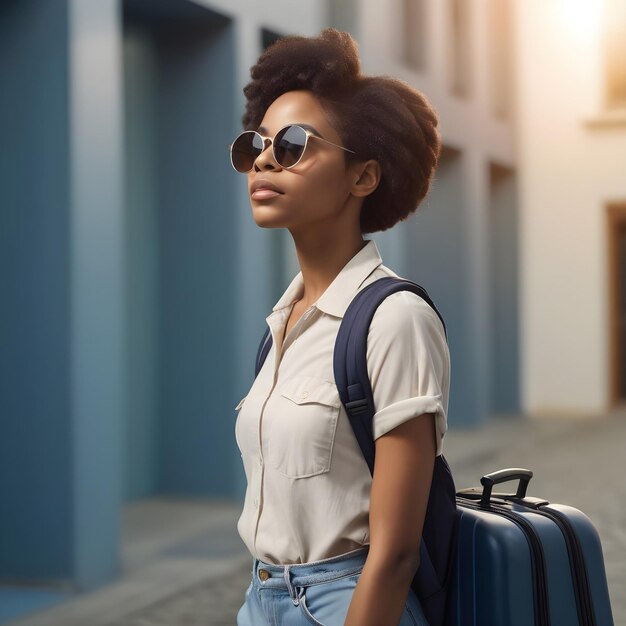 Photo jeune femme noire voyageuse portant des lunettes de soleil sur la tête debout avec un sac à dos tenant une valise