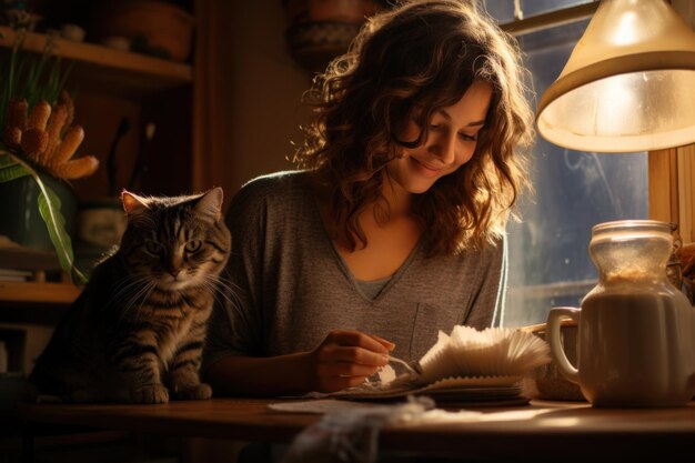 Une jeune femme nourrit son chat à la maison.