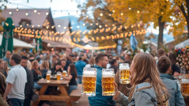Une jeune femme à l'Oktoberfest tenant deux grandes tasses de bière L'arrière-plan est flou avec des gens qui apprécient le festival