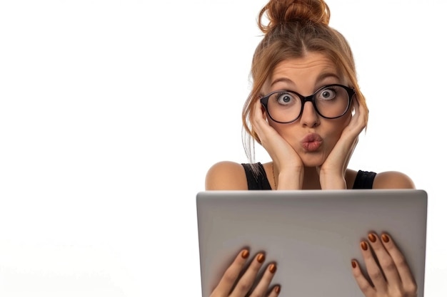 Photo une jeune femme avec un ordinateur portable sur fond blanc