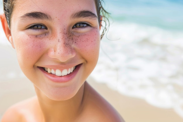 Une jeune femme d'origine européenne souriante sereinement capturée de près sur la plage de sable