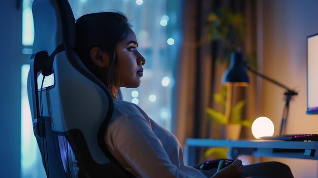 Photo une jeune femme d'origine indienne concentrée assise dans une ergonomie réglable confortable ia générative