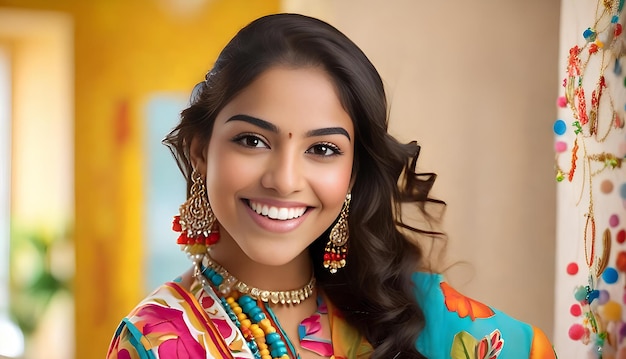 Photo une jeune femme d'origine indienne portant des costumes de mariée traditionnels et des bijoux