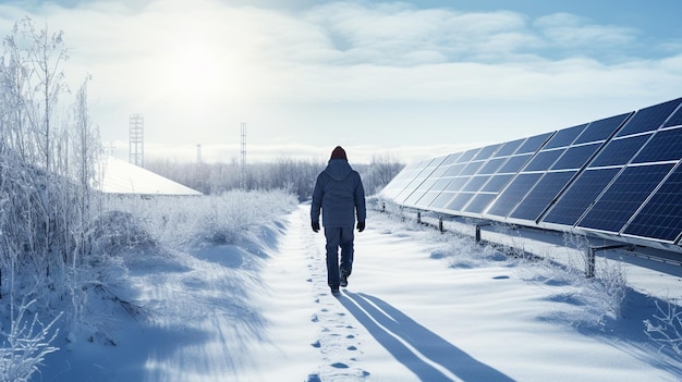 Photo jeune femme avec des panneaux photovoltaïques en arrière-plan