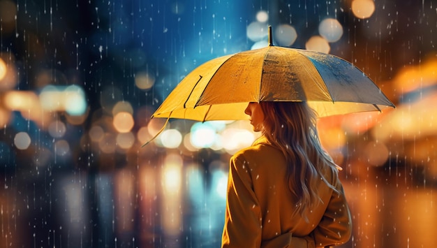 Jeune femme avec un parapluie sous la pluie la nuit avec une IA générée