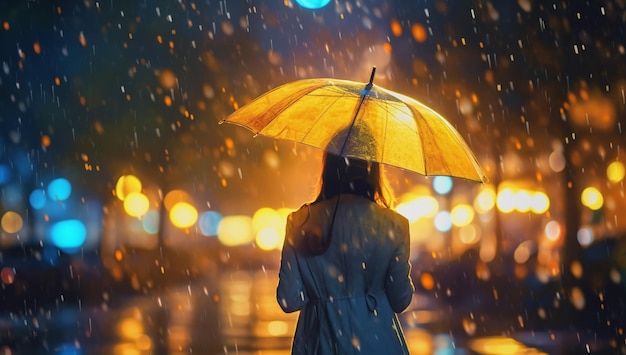 Jeune femme avec un parapluie sous la pluie la nuit avec une IA générée