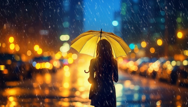 Jeune femme avec un parapluie sous la pluie la nuit avec une IA générée