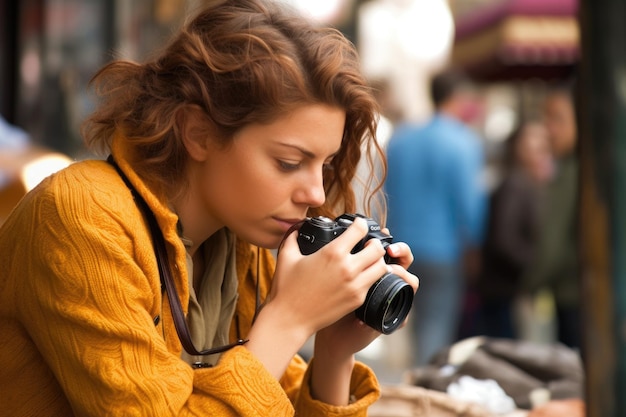 Une jeune femme parcourt des photos sur son appareil photo numérique créé avec générative ai