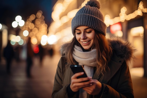 Une jeune femme parcourt son téléphone au milieu du paysage urbain la nuit à la recherche d'itinéraires en tapant des messages