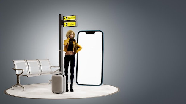 Une jeune femme parlant au téléphone à l'intérieur de l'aéroport avec une grande illustration 3d de smartphone