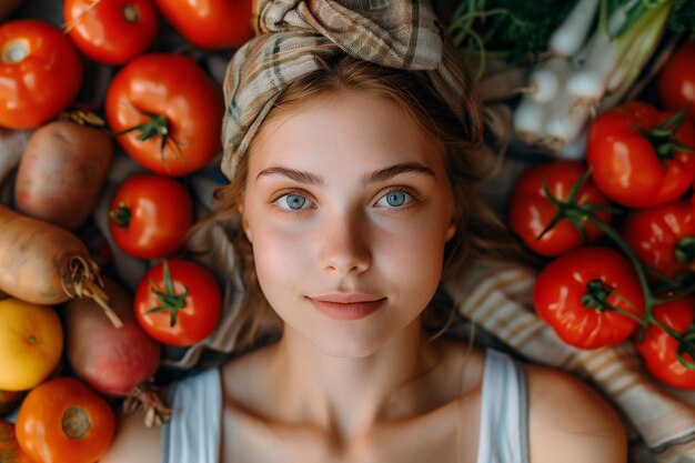 Photo une jeune femme parmi des légumes frais