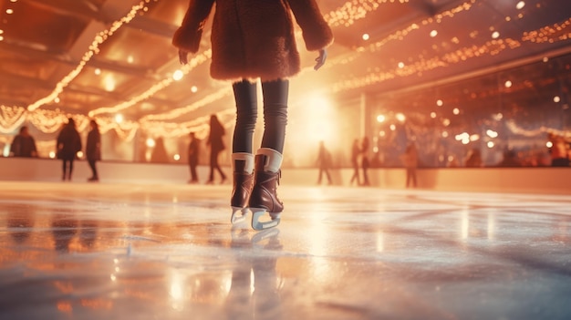 Une jeune femme patine sur glace sur une patinoire intérieure