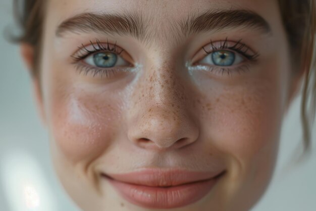 Une jeune femme à la peau claire, au maquillage naturel, heureuse et en bonne santé.