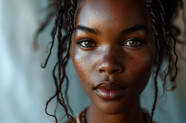 une jeune femme avec la peau trempée et les cheveux bouclés son visage partiellement éclairé par une lumière dorée