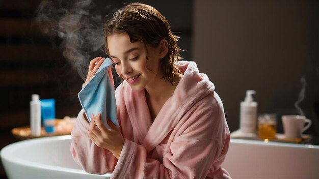 Jeune femme en peignoir rose après la douche nettoyant son maquillage sur le bleu