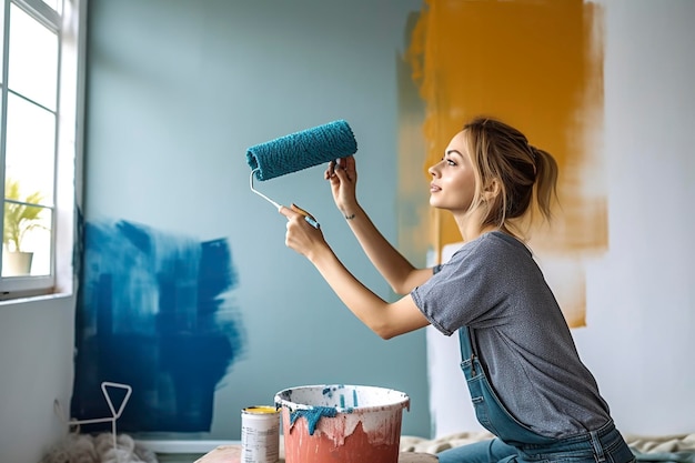 Une jeune femme peint les murs des chambres de sa maison.