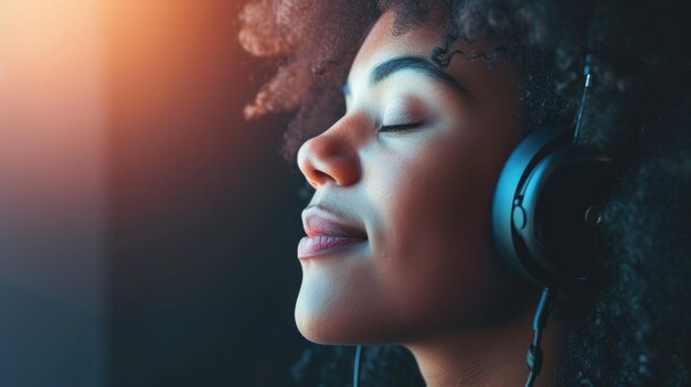 Une jeune femme perdue dans la musique portant des écouteurs avec une expression bienheureuse