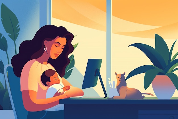 Une jeune femme avec un petit enfant travaille sur un ordinateur à domicile illustrant les défis du congé de maternité Generative AI