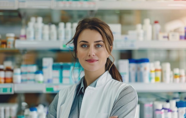 Jeune femme pharmacienne à la pharmacie générée par l'IA