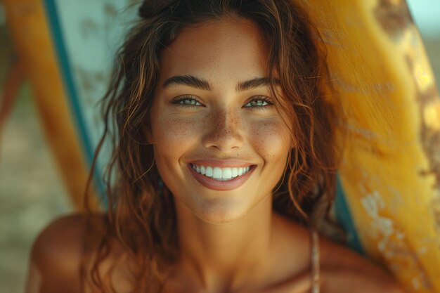 une jeune femme sur la plage rayonnant de joie alors qu'elle tient une planche de surf capturant l'essence d'une beauté exotique