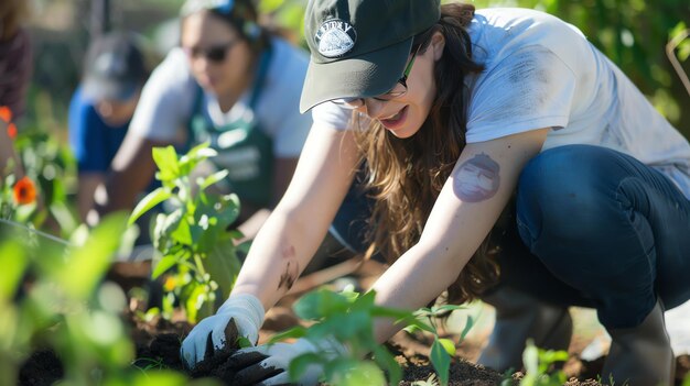 Une jeune femme plante dans le jardin communautaire. Elle porte un chapeau et des gants et s'agenouille dans la terre.